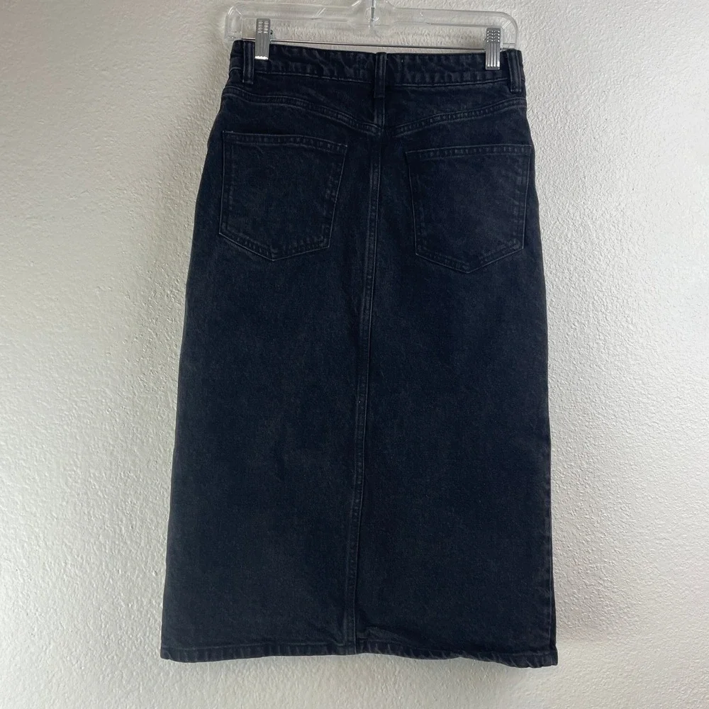 Zara Womens Washed Black Denim Midi Skirt‎ High Waisted Front Slit Size S